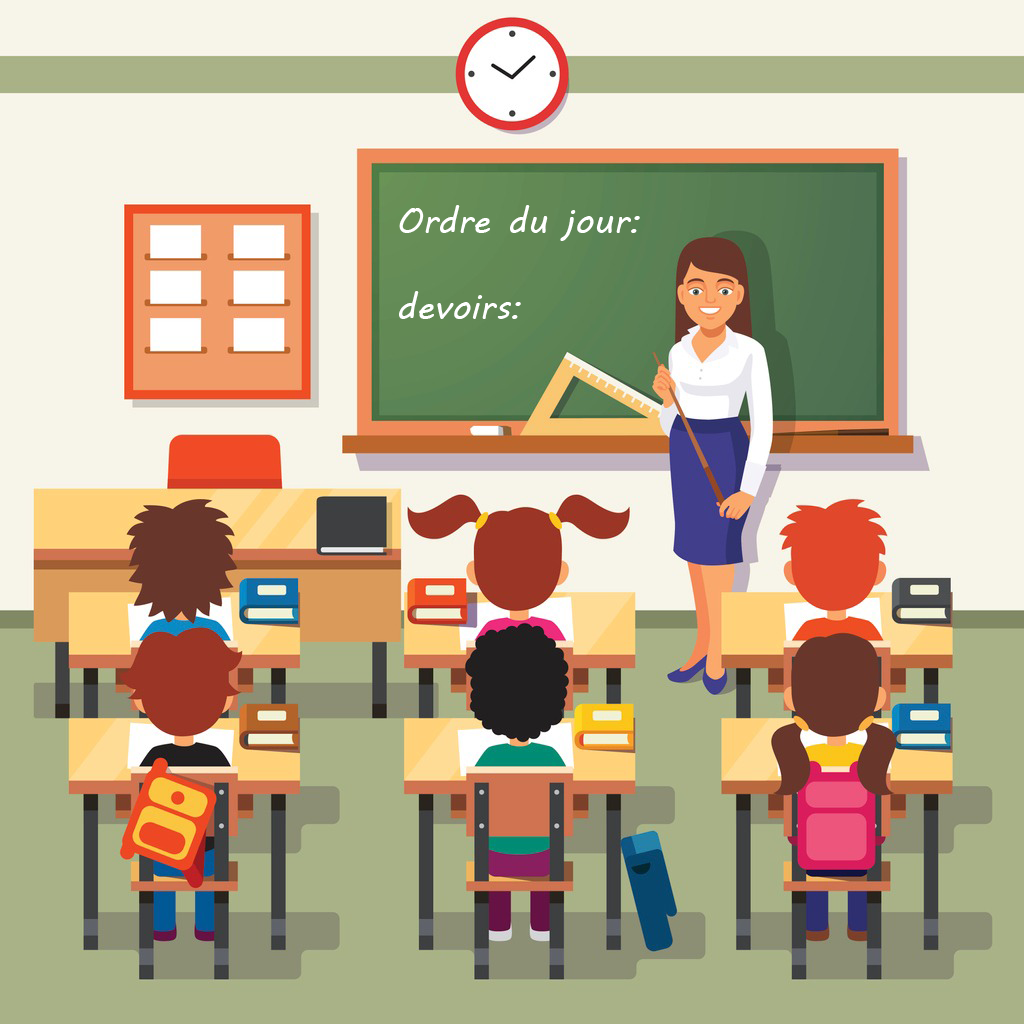 Salle de classe, sur la tableau  les mots: ordre du jour, devoirs